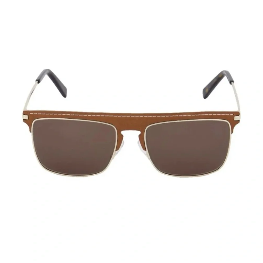Loewe Brown Leather-Trim Square Sunglasses with Gold Arms